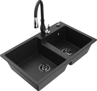 Mexen Tomas zlewozmywak granitowy 2-komorowy z baterią kuchenną Savita, czarny/srebrny metalik - 6516-73-672601-70-B - Zlewozmywaki z baterią - miniaturka - grafika 1
