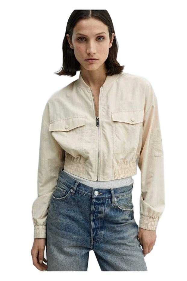 MANGO WOMAN KRÓTKA KURTKA DAMSKA BEŻOWA Z KIESZENIAMI I ZAMKIEM L 5FA