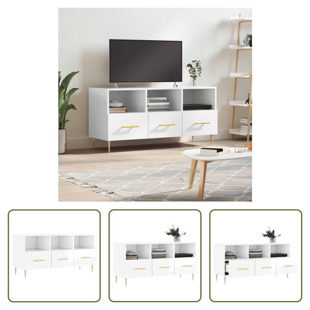 The Living Store szafka pod telewizor biały wysoki połysk 102x36x50 cm materiał drewnopochodny