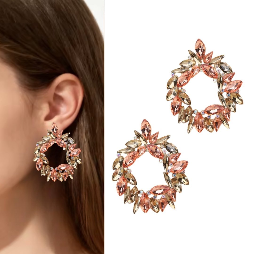 Okrągłe kolczyki cyrkoniami szampańskie łososiowe jasne cyrkonie TRENDY