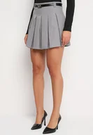 Spódnice - Szare Plisowane Spódnico-Spodenki z Wysokim Stanem Ozdobione Paskiem Evilinas - miniaturka - grafika 1