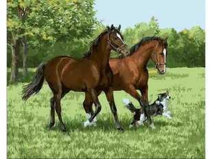 Obraz Malowanie Po Numerach Rama 50X40Cm Dwa Konie I Pies - Malowanie po numerach - miniaturka - grafika 1