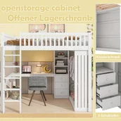 Łóżka dla dzieci i młodzieży - Łóżko na antresoli, 140*200 cm, biurko, szafa, 3 szuflady, otwarty schowek, balustrada, schody, bez materaca, biały - miniaturka - grafika 1