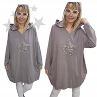 Bluzki damskie - STYLOWA BLUZA BAWEŁNIANA GWIAZDA tunika luźna kaptur cyrkonie 50 52 5XL 6XL - miniaturka - grafika 1