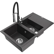 Zlewozmywaki z baterią - Mexen Gaspar zlewozmywak granitowy 1,5-komorowy z ociekaczem i baterią kuchenną Aster, czarny nakrapiany - miniaturka - grafika 1