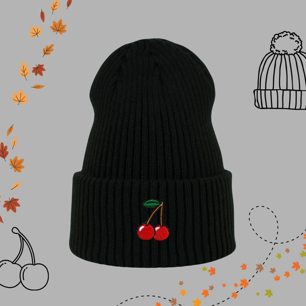 Haftowana czapka beanie - WIŚNIE - czarna