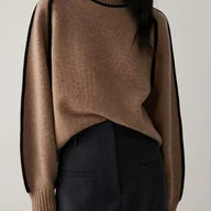 Swetry damskie - TEMU Kolorowy blok dzianinowy sweter typu pullover, swobodny prążkowany sweter z długim rękawem i golfem na jesień i zimę, odzież damska. - miniaturka - grafika 1