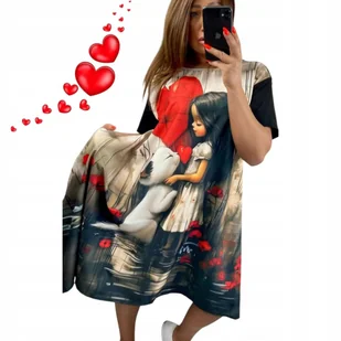 TRAPEZOWA SUKIENKA BAWEŁNIANA grafika urocza kot kieszenie luźna 46 48 3XL - Sukienki - miniaturka - grafika 1