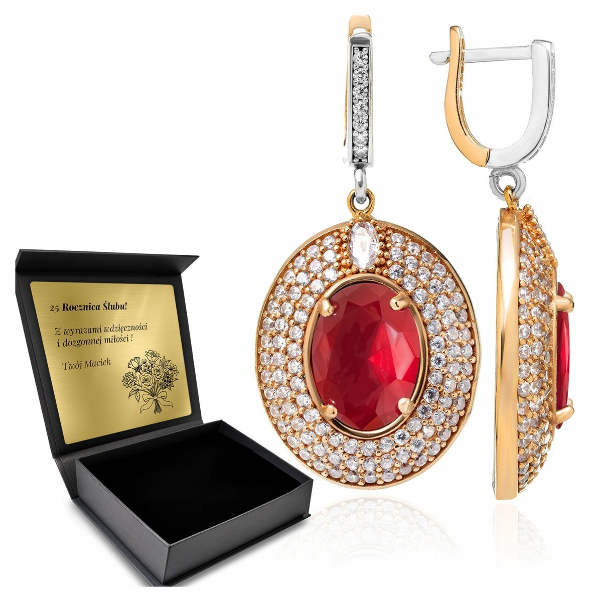 Kolczyki Srebrne 925 Cyrkonie I Rubin Biżuteria Dla Kobiety + Grawer