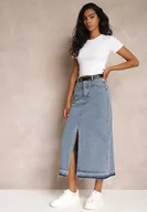 Spódnice - Granatowa Ołówkowa Spódnica Jeansowa z Paskiem w Komplecie Olvane - miniaturka - grafika 1