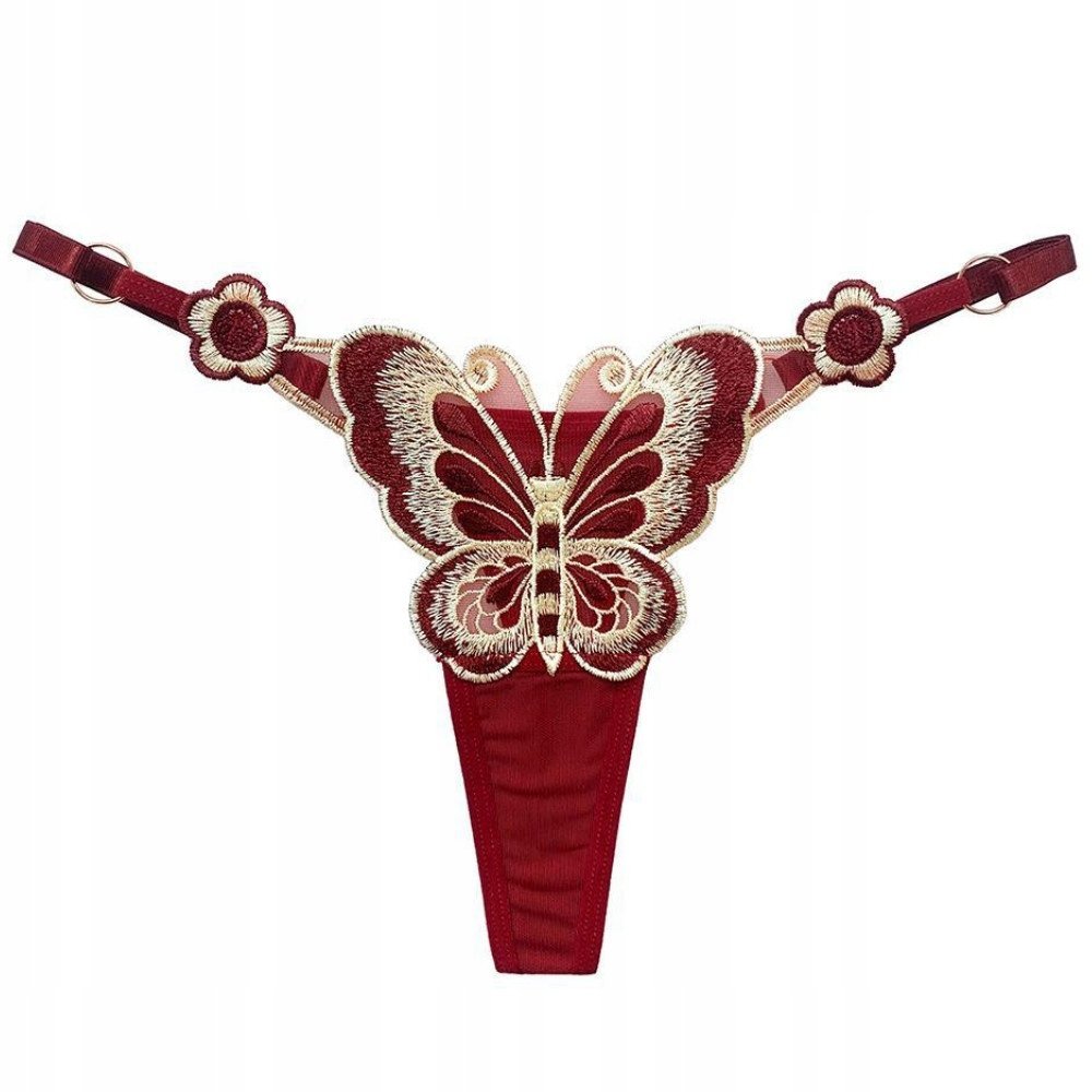 Majtki Damskie Koronkowe Stringi Bielizna Koronka Z Motylkiem Kolor Bordowy