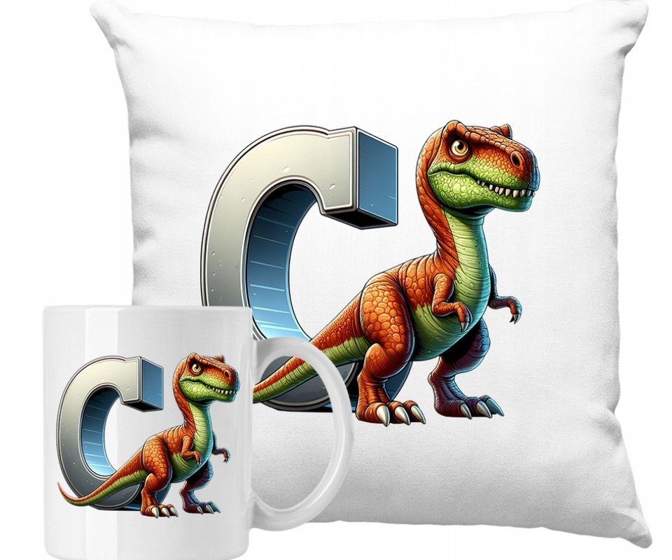 ZESTAW PODUSZKA + KUBEK Dino Dinozaur Litera C Alfabet Pomysł Na Prezent