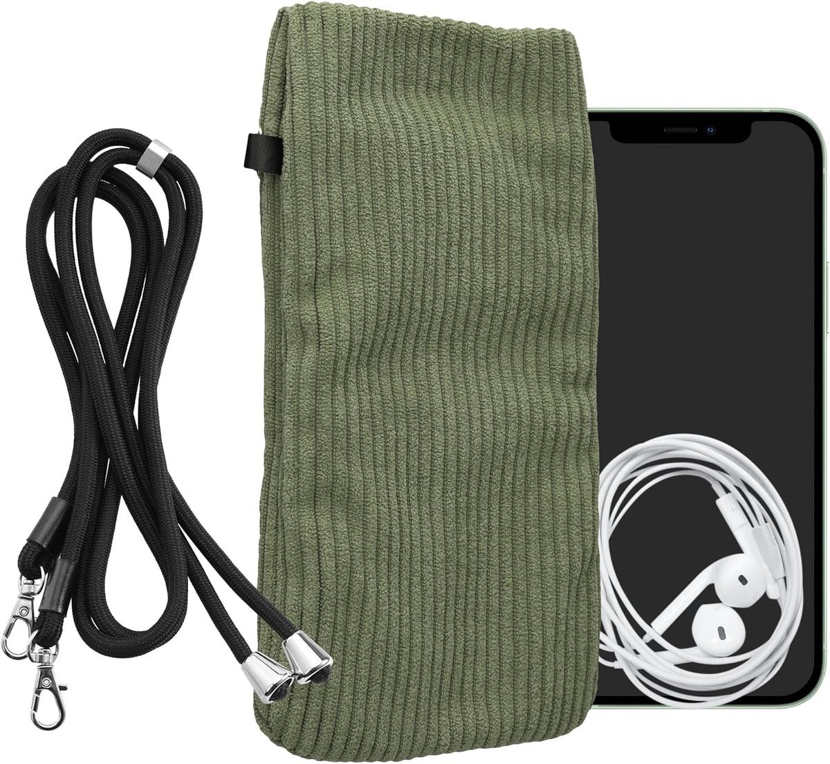 kwmobile Etui na telefon XXL – smartfon 17.8 cm – uniwersalne etui na smartfona ze sztruksu – ze sznurkiem do telefonu – w kolorze szaro-zielonym