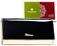 Portfele - Portfel damski skórzany Peterson błyszczący na zatrzask duża pojemna portmonetka na karty i gotówkę, czarny złoty - miniaturka - grafika 1