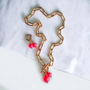 KOMPLET Swarovski neon pearls : TWO : neon red : naszyjnik, kolczyki - Zestawy biżuterii dla kobiet - miniaturka - grafika 1