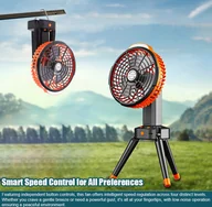 Wentylatory sufitowe - wentylator kempingowy 2 w 1 z oświetleniem LED, wielofunkcyjny wentylator sufitowy do namiotu, akumulatorowy wentylator na statywie, obsługujący 4-stopniowe prędkości wiatru do biura domowego, kempingu, pikniku, wędkowania - miniaturka - grafika 1