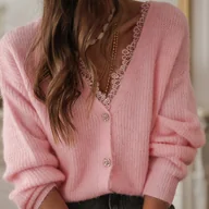 Swetry damskie - TEMU Kardigan Damski z Dekoltem w Serek na Guziki - Sweter z Długim Rękawem i Kontrastową Koronką, Jednokolorowy Niezbędnik do Warstwowania - miniaturka - grafika 1