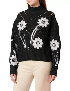 Swetry damskie - faina Damski sweter z dzianiny z nieregularnymi otworami i cekinowymi kwiatami CZARNY rozmiar XS/S, czarny, XL - grafika 1