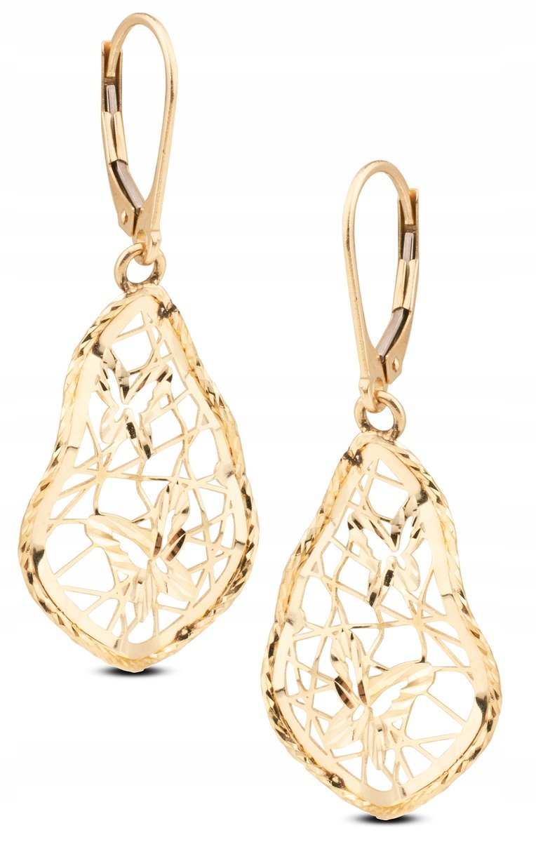 AŻUROWE FALOWANE ZŁOTE KOLCZYKI ŁEZKI Z DIAMENTOWANIEM I MOTYLAMI 14KT 585