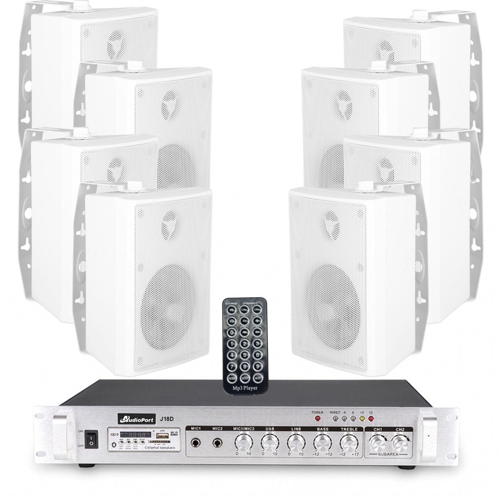 AudioPort Zestaw białych głośników naściennych 8x 4'' z 2-strefowym wzmacniaczem one size