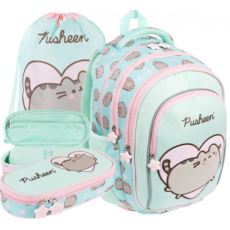 ZESTAW Szkolny Plecak Tornister Kotek Pusheen Miętowo-Różowy 5 Elementów
