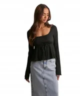 Bluzki damskie - NELLY CZARNA BLUZKA Z DŁUGIM RĘKAWEM I FALBANĄ S 2BB - miniaturka - grafika 1
