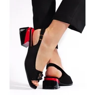 Czółenka - Goodin Ażurowe sandały damskie na niskim obcasie czarne - miniaturka - grafika 1