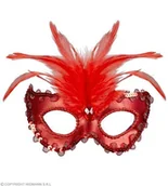 Dodatki do strojów karnawałowych - MASKA CZERWONA BARONOWEJ Z PIÓRAMI - miniaturka - grafika 1