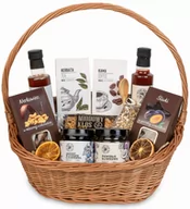 Zestawy upominkowe - Kosz prezentowy wiklinowy zestaw z herbatą i kawą bakalie w czekoladzie - miniaturka - grafika 1