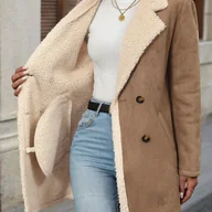 Kurtki damskie - TEMU Elegancki damski płaszcz dwurzędowy - Zimna ciepła, brązowo-biały , zapinany na guziki, kieszenie z klapkami, styl casual, na każdą porę roku, - miniaturka - grafika 1