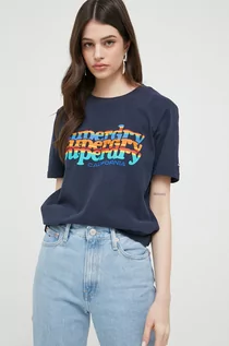 Koszulki sportowe damskie - Superdry t-shirt bawełniany kolor granatowy - grafika 1