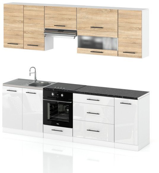 Meble Kuchenne Komplet Kuchnia Marocco 2.6m Zestaw Dąb Sonoma Biały Połysk