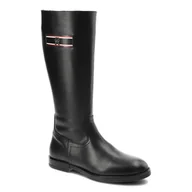 Kozaki damskie - Czarne Kozaki Damskie Tommy Hilfiger Eleganckie Skórzane Buty - miniaturka - grafika 1