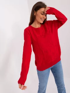 Swetry damskie - Sweter klasyczny czerwony casual dekolt okrągły rękaw długi - grafika 1