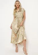 Sukienki - Zielono-Beżowa Rozkloszowana Sukienka ze Ściągaczem w Talii w Stylu Boho Dimirra - miniaturka - grafika 1