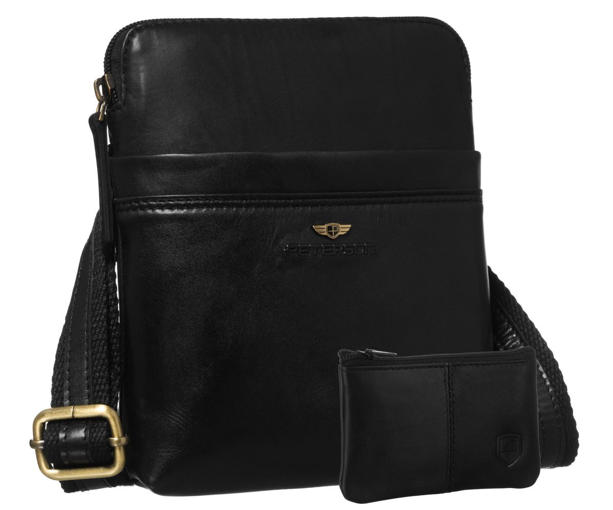 Elegancka torebka męska skórzana PETERSON miejska saszetka mała listonoszka na ramię kieszonki na dokumenty telefon czarna na co dzień + etui na klu..