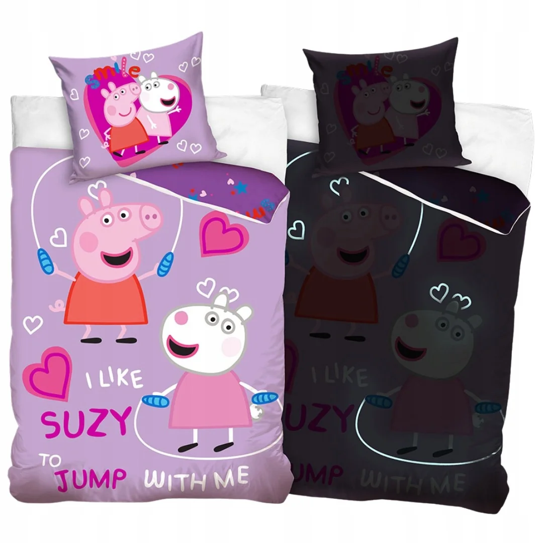Pościel Bawełniana Świnka Peppa i Suzy 140x200 65x65 Efekt Glow