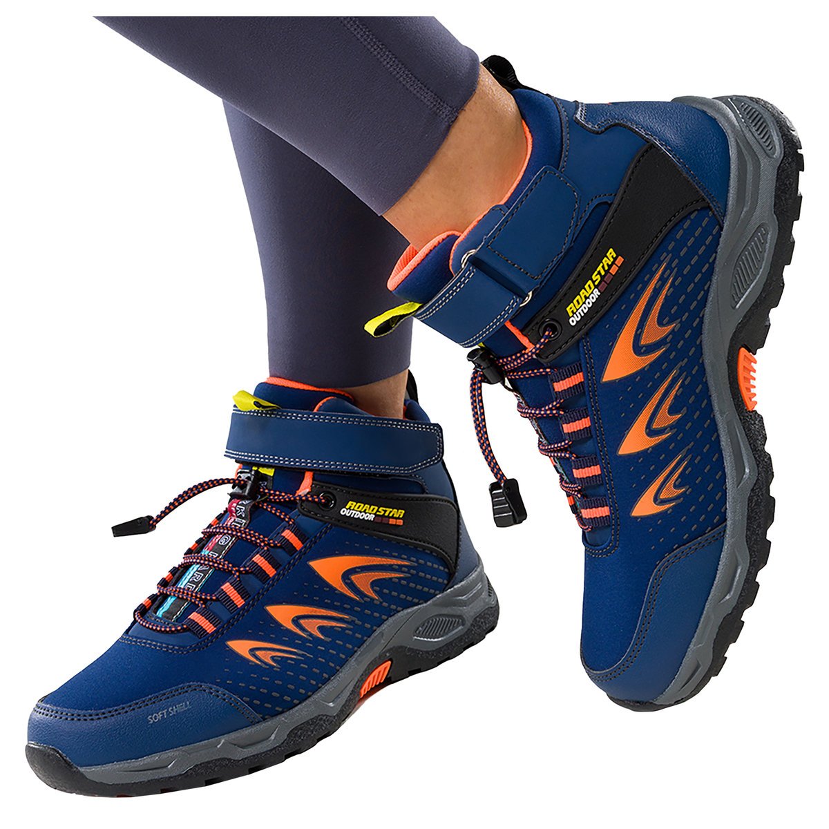Granatowe buty trekkingowe damskie na bieżnikowanej podeszwie z regulowaną elastyczną sznurówką pomarańczowe wstawki softshell Casu 2310-10W-38
