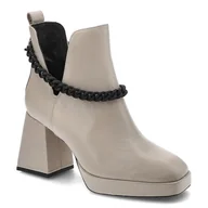 Botki damskie - Beżowe Botki Karino Eleganckie Skórzane Buty Na Obcasie - miniaturka - grafika 1