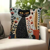 Poszewki na poduszki - Poszewka 45x45 czarny kot retro artystyczna rośliny kwiaty dla kociary boho - miniaturka - grafika 1