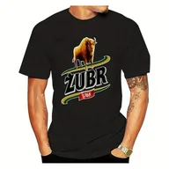 Koszulki męskie - TEMU Męska koszulka Zubr 1768 z logo - Czarna z wyrazistym żółto-zielonym nadrukiem i napisami, casualowa koszulka z krótkim rękawem i okrągłym - miniaturka - grafika 1
