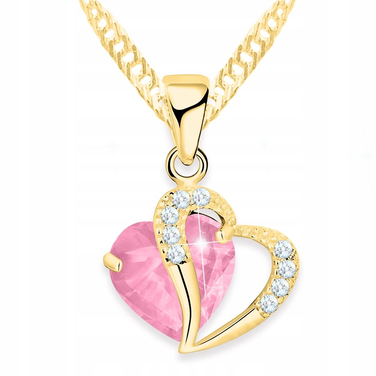 Złoty Naszyjnik z Różowym Serduszkiem Kryształowe Serce Kamień SREBRO 925