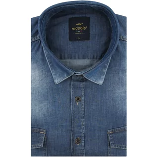 Koszule męskie - Koszula Męska Redpolo Jeansowa Dżinsowa gładka niebieska z długim rękawem w kroju SLIM FIT A288 - grafika 1