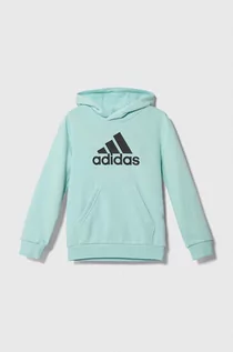 Bluzy dla dziewczynek - adidas bluza dziecięca kolor turkusowy z kapturem z nadrukiem - grafika 1