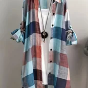 Koszule damskie - TEMU Klasyczna Damska Marynarka w Kratę – Wielokolorowa Bluzka z Długim Rękawem, Strukturalne Ramiona, Pranie Maszynowe, Regularny Fason na - miniaturka - grafika 1