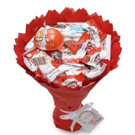 Zestawy upominkowe - Słodki bukiet pomarańczowy i beżowy ze slodyczy Kinder (średnica 20 cm) - miniaturka - grafika 1