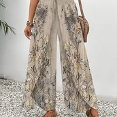 Inne - TEMU Eleganckie Szerokie Spodnie w Kwiaty dla Kobiet - Casualowe Ubranie Plażowe, Luźny Krój, Nieelastyczny Poliester, Możliwość Prania w Pralce - miniaturka - grafika 1