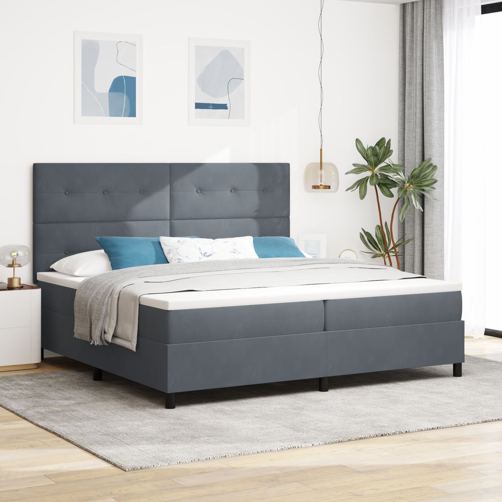 Łóżko kontynentalne z materacem szare 200x200 cm aksamit