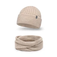 Czapki męskie - PaMaMi, Komplet męski - czapka z wywinięciem i komin, beżowa - miniaturka - grafika 1