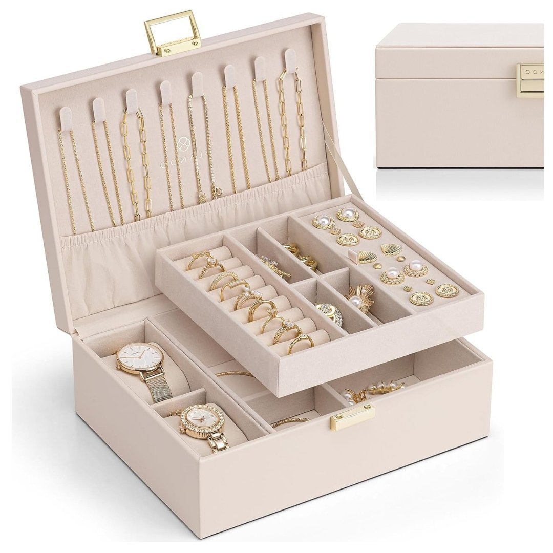 NOWOCZESNA AKSAMITNA SZKATUŁKA NA BIŻUTERIĘ 2 POZIOMY ORGANIZERY PREZENT